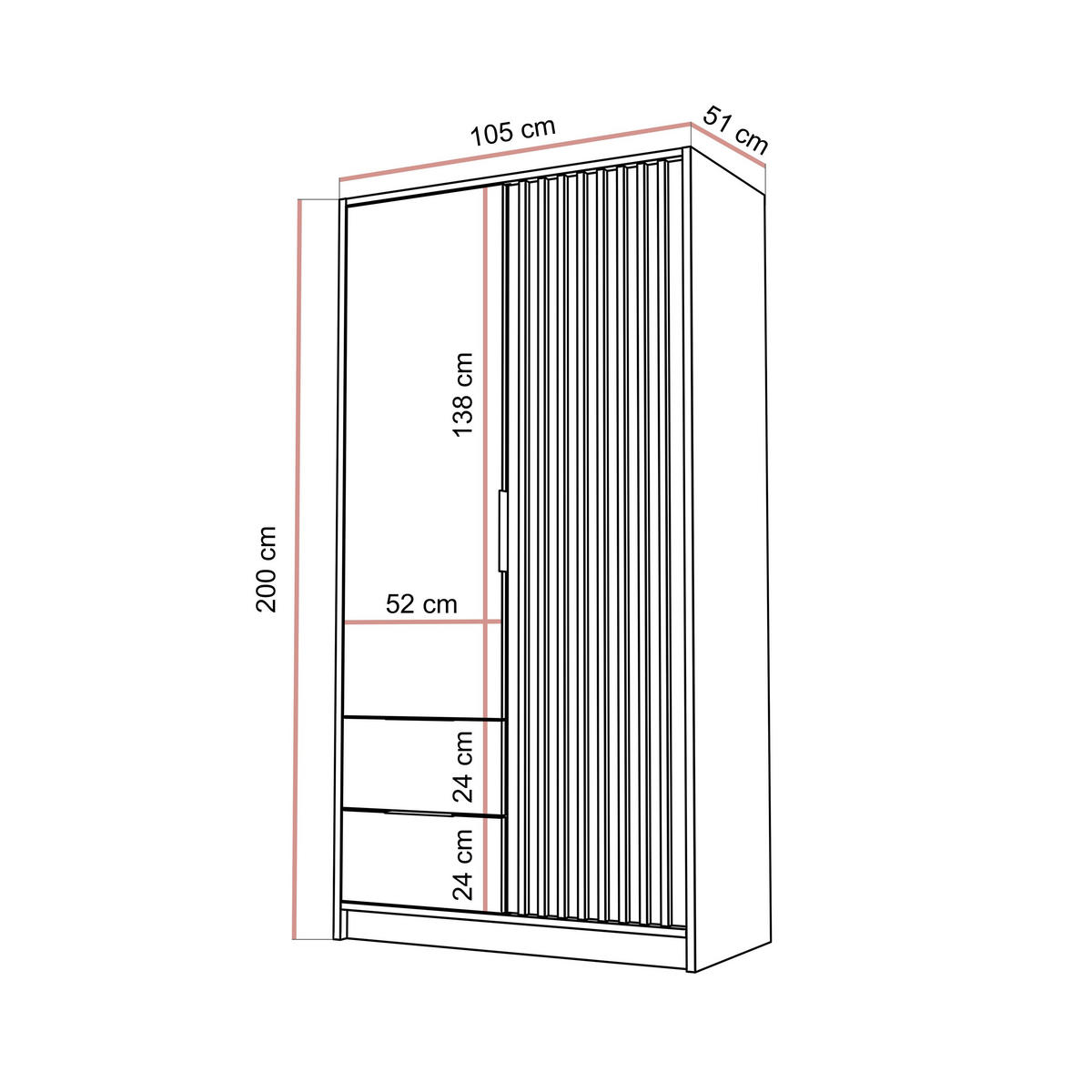 KLEIDERSCHRANK NELA, zweitürig mit Lamellen, 105 cm, Graphit/Artisan - Graphitfarben, Holzwerkstoff (105/200/51cm) - Lookway