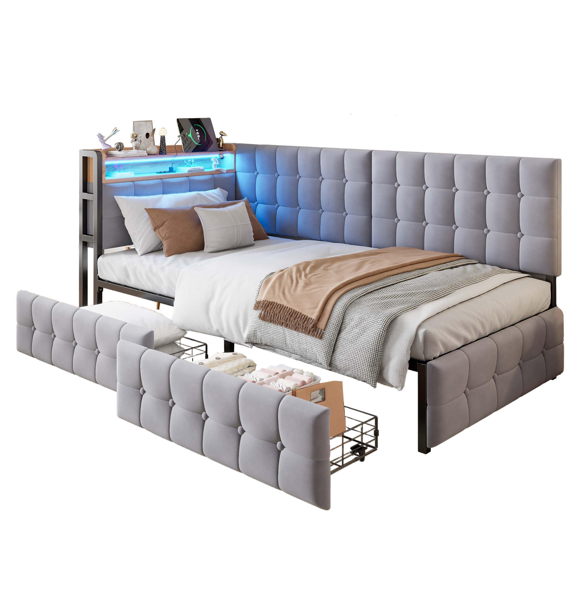 POLSTERBETT mit LED-Beleuchtung 90/200 cm mit 2 Schubladen und gepolstertem Kopfteil - Grau, Textil (90/200cm) - BEAOK