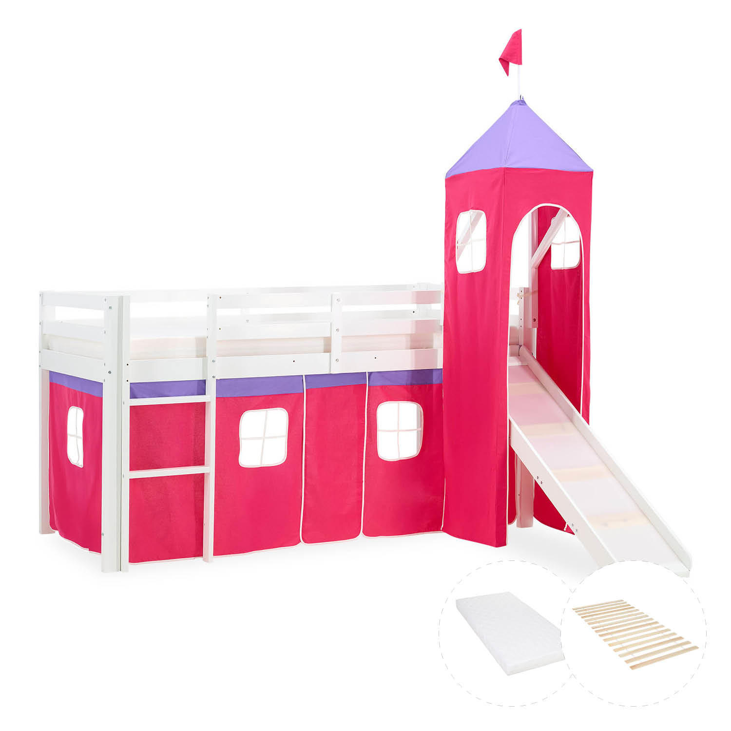 HOCHBETT 90/200 cm mit Lattenrost + Matratze - Pink/Weiß, Holz - Homestyle4u