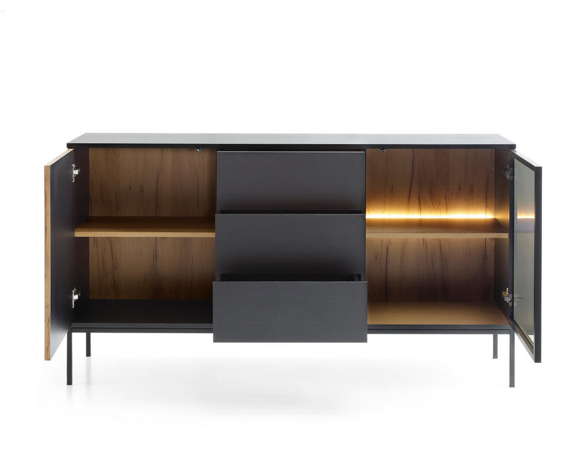 KOMMODE Sentino Schwarz, Kombikommode mit LED - Eiche Wotan/Schwarz, Holzwerkstoff/Metall (154/83/39cm) - Bettso