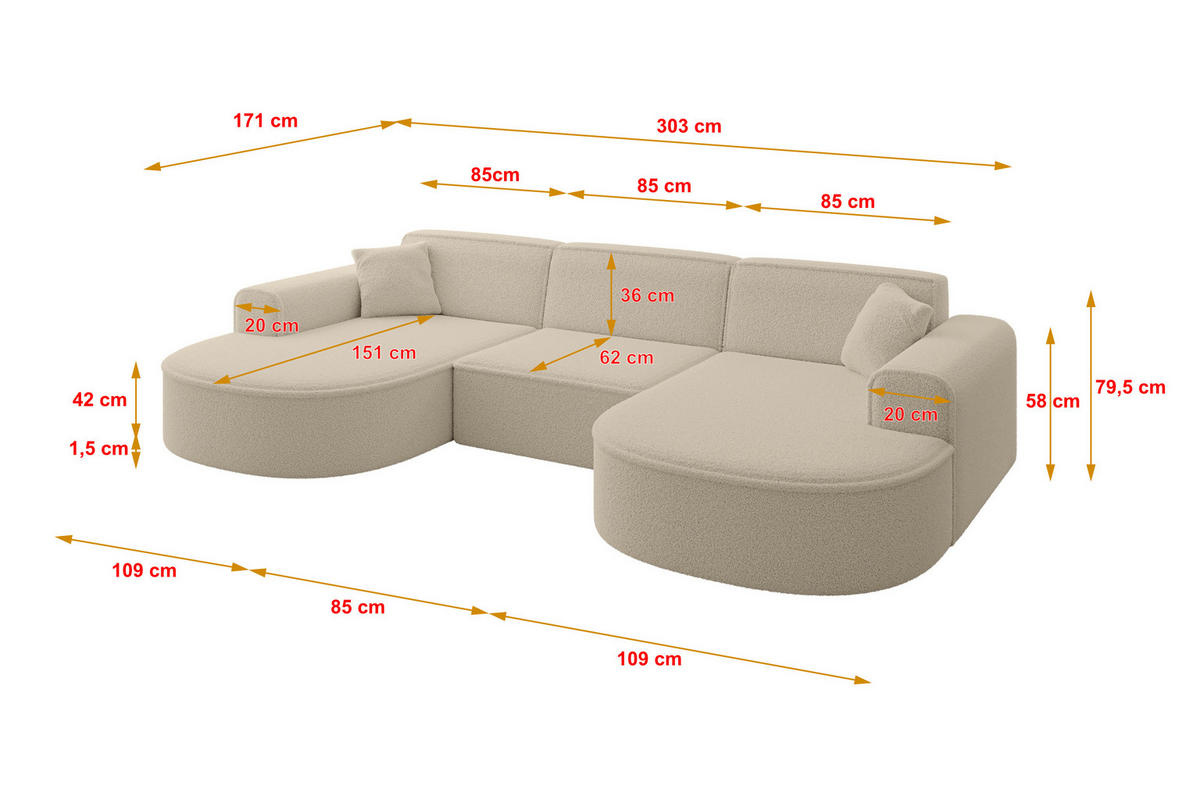 WOHNLANDSCHAFT MARI-U1 - 303x171x79 cm Dunkelbeige Bouclé - Hellbraun/Schwarz, Holzwerkstoff/Kunststoff (303/79/171cm) - ALTDECOR