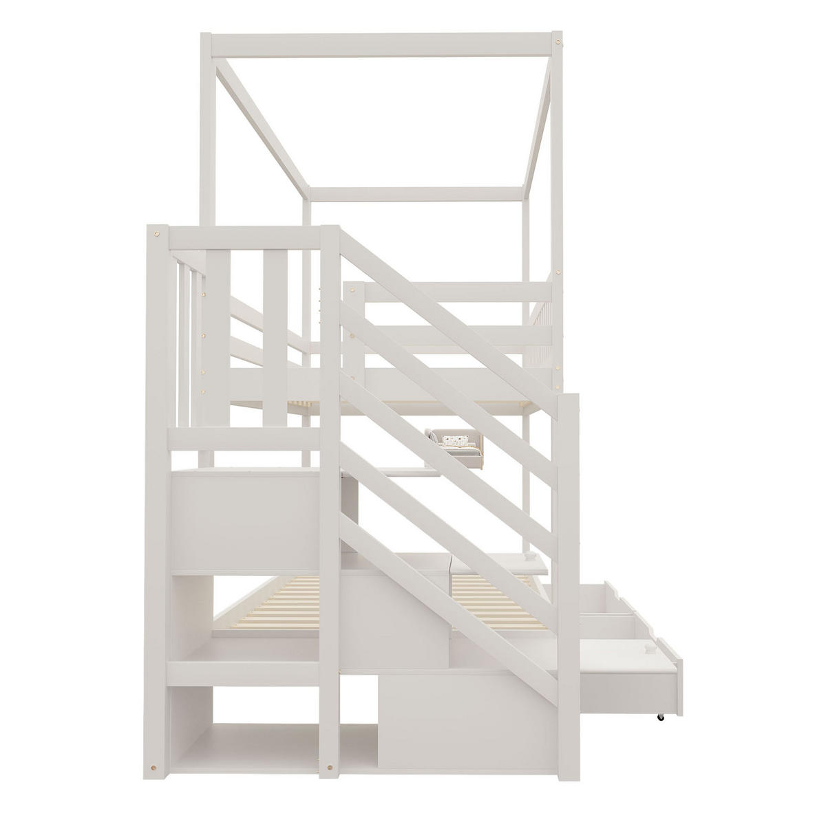 ETAGENBETT 90/200 cm aus Massivholz mit Hausform und Sicherheitsleiter - Weiß, Holz (90/200cm) - OKWISH