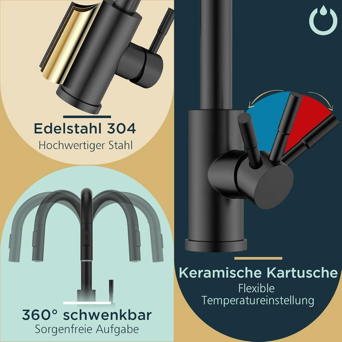 KÜCHENARMATUR mit hohem Bogen Schwarz 360° schwenkbar - Schwarz, Metall (5/42.5/25cm)