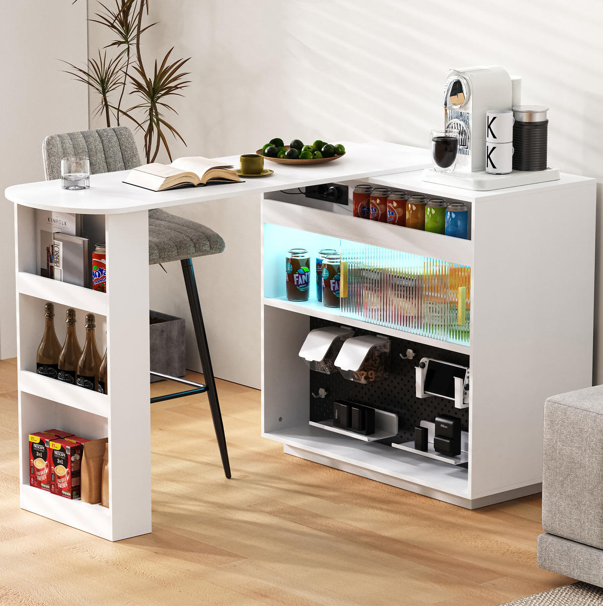 BAROVÝ stolek 120/50/95,5 cm z MDF s LED osvětlením, USB-C a úložným prostorem, Bílá - bílá, kompozitní dřevo (50/120/95.5cm) - Redom