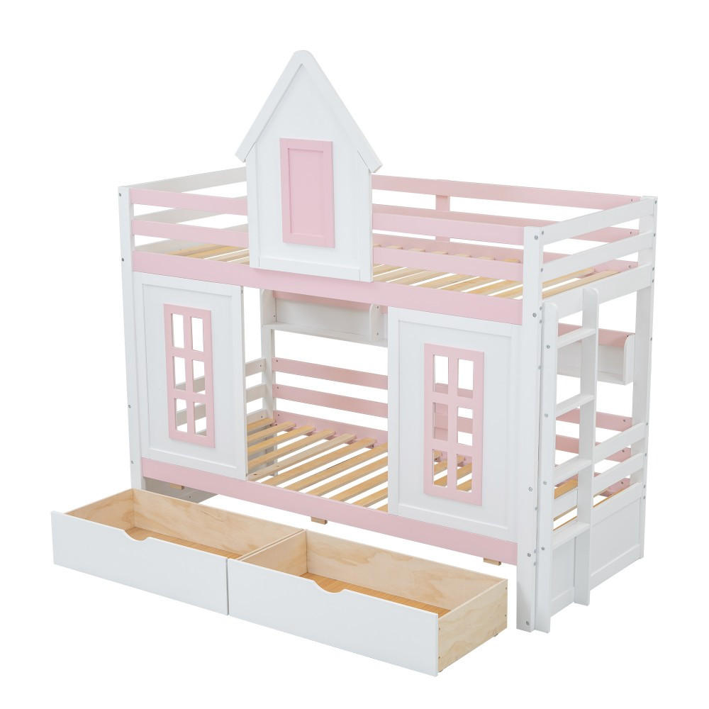 ETAGENBETT 90x200cm in Weiß+Rosa mit Dach und Fenster - Pink, Holz (90/200cm) - KOMHTOM