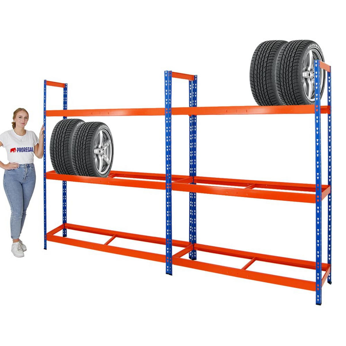 REIFENREGAL Tiger XL 2er-Set mit 2x 200x150x45 cm 300 kg Fachlast bis zu 36 Reifen Blau-Orange - Orange, Metall (300/200/45cm) - PROREGAL