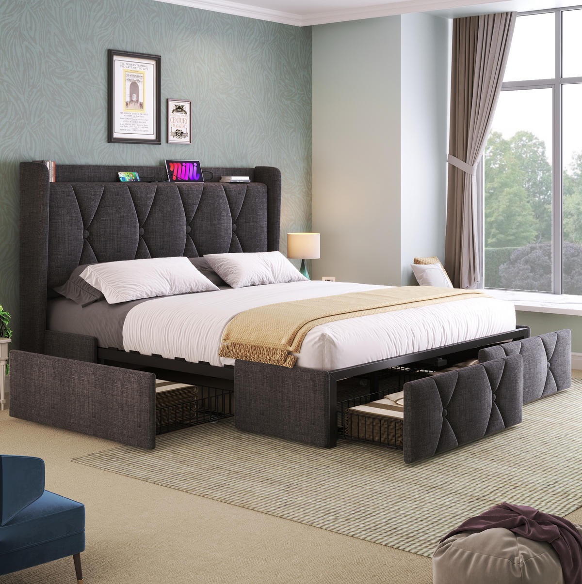 BETT mit USB und 4 Schubladen 140x200 cm Leinen Grau - Grau, Metall (140/200cm) - Meubliv