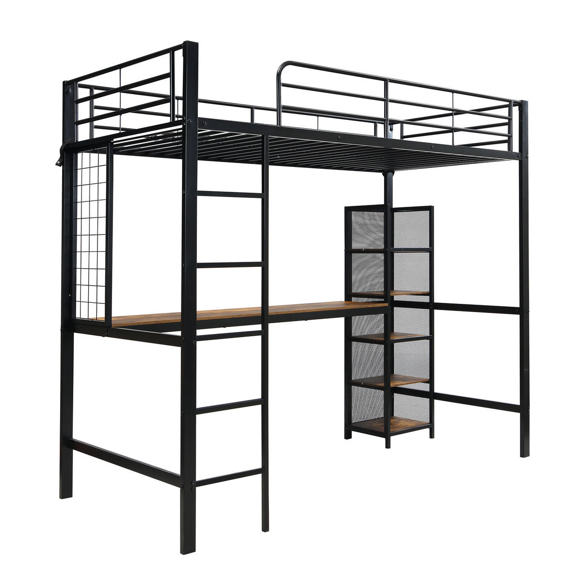 HOCHBETT 90/200 cm in Schwarz und Dunkelholz mit Schreibtisch und Regalfächern - Schwarz, Holzwerkstoff (90/200cm) - Flora Grace