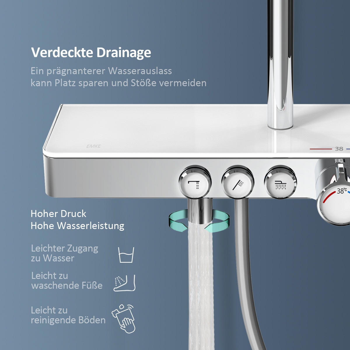 ÜBERKOPFBRAUSESET mit Drei Wasserauslassmethoden Thermostat mit Ablage Chrom - Chromfarben, Metall (44.5/127/45cm) - EMKE