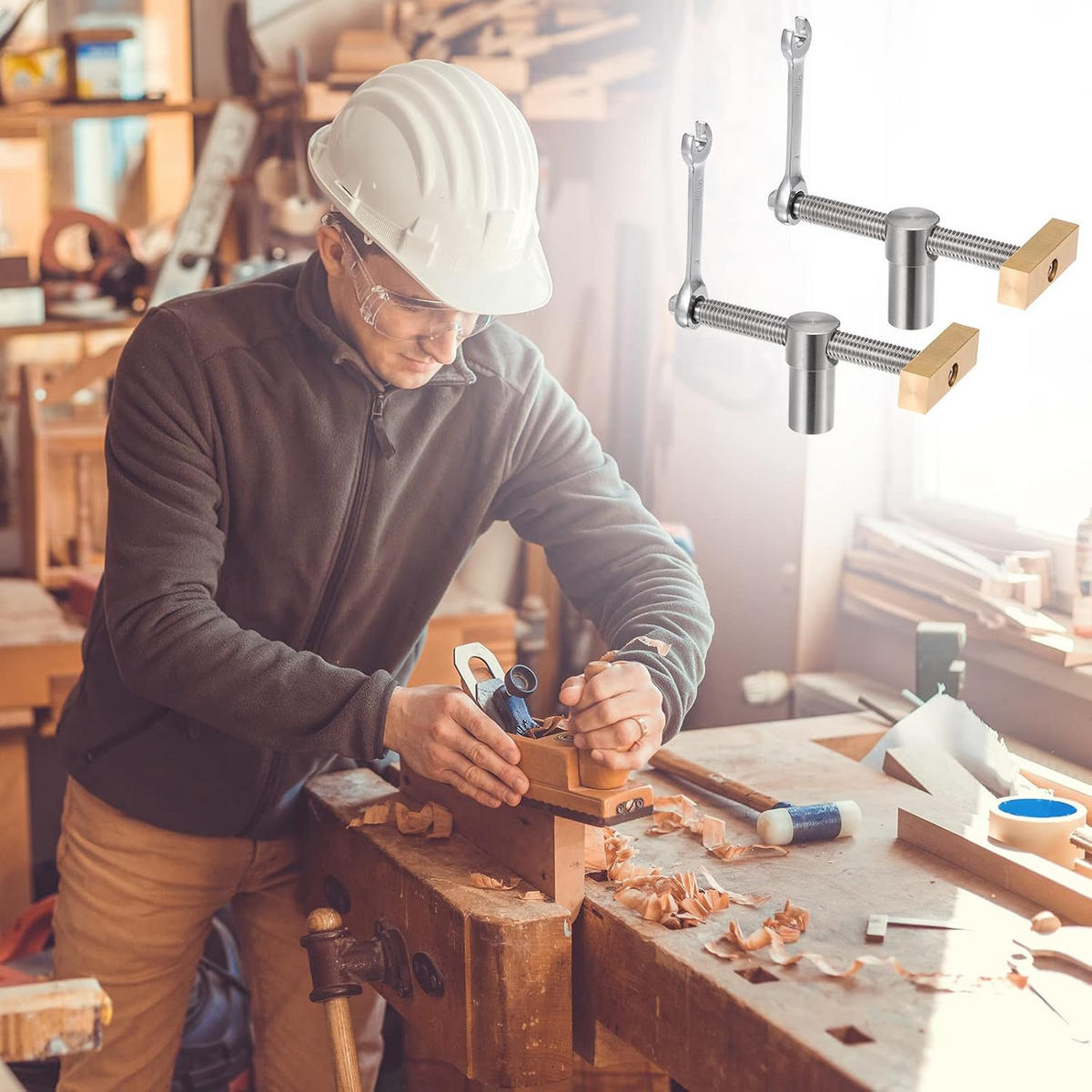 SCHRAUBSTOCK - Verstellbar für Holzbearbeitungswerkbänke, mit 4 Schraubstöcken, geeignet für 20-mm-Bohrungen, 2er-Set. - Silberfarben, Metall (15/7/14.5cm)