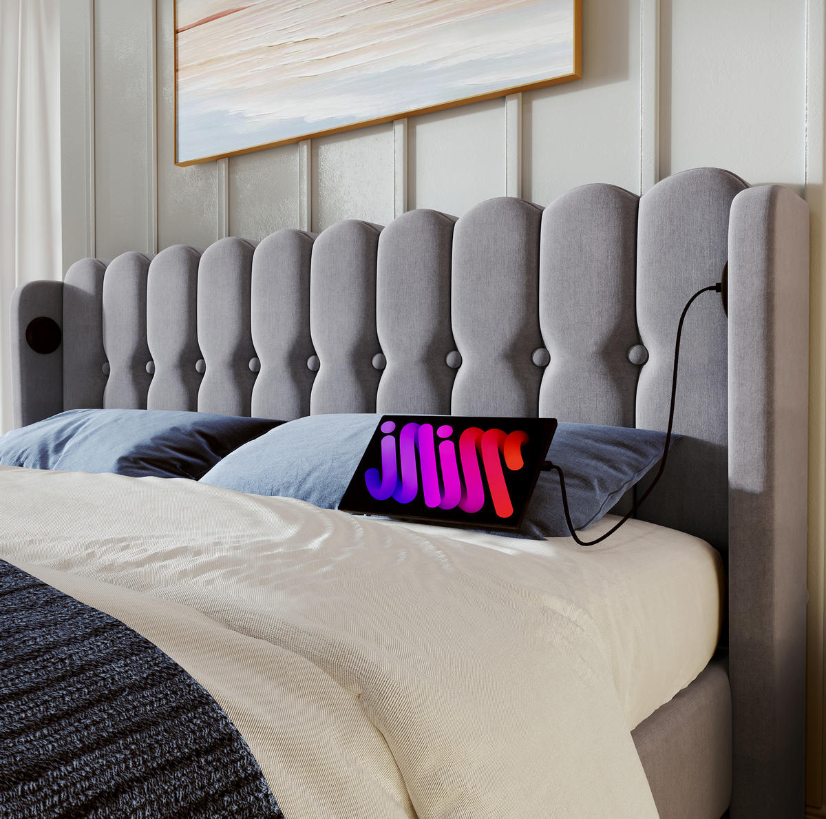 POLSTERBETT 140/200 cm Grau aus Leinen mit USB- und Typ-C-Ladefunktion - Grau, Textil (140/200cm) - OKMYHOME