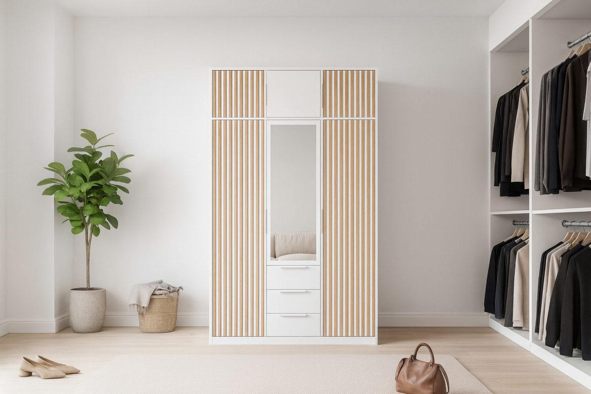 DREHTÜRENSCHRANK LABOO LUX 149/200/58 cm in Weiß mit Lamellen und Aufsatz - Weiß, Holzwerkstoff (149/245/58cm) - Deine Möbel 24