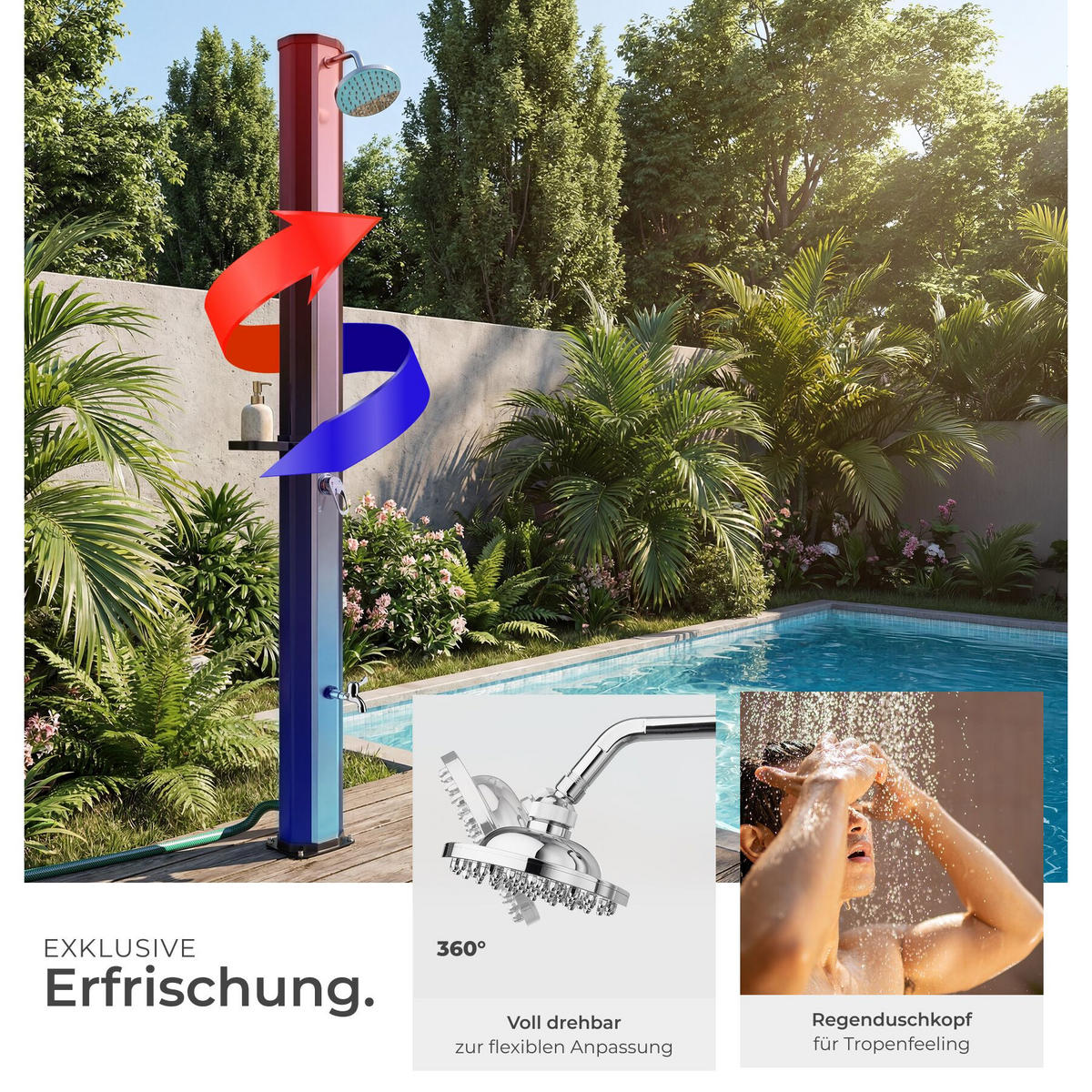 SOLARDUSCHE Ofanto, extra Wasserhahn, inklusive Schutzhülle, schwarz/silber - Silberfarben/Schwarz, Kunststoff (18/217/44.5cm) - tectake