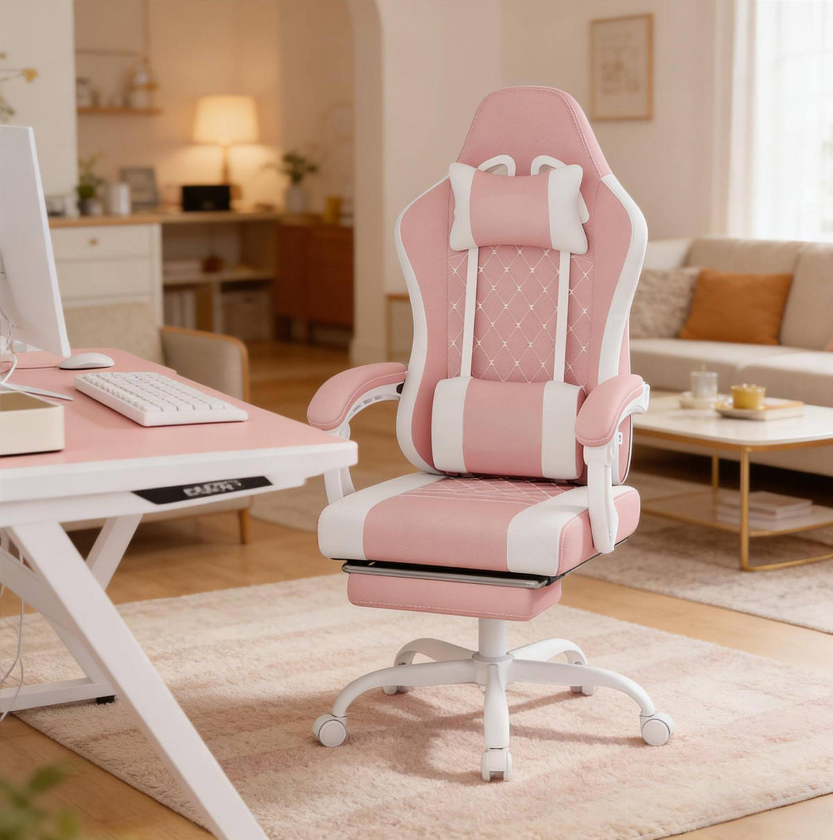 GAMINGSTUHL in Pink und Weiß 70x70x127 cm mit Massagefunktion und Fußstütze - Pink, Textil (70/127/70cm) - IVMEU