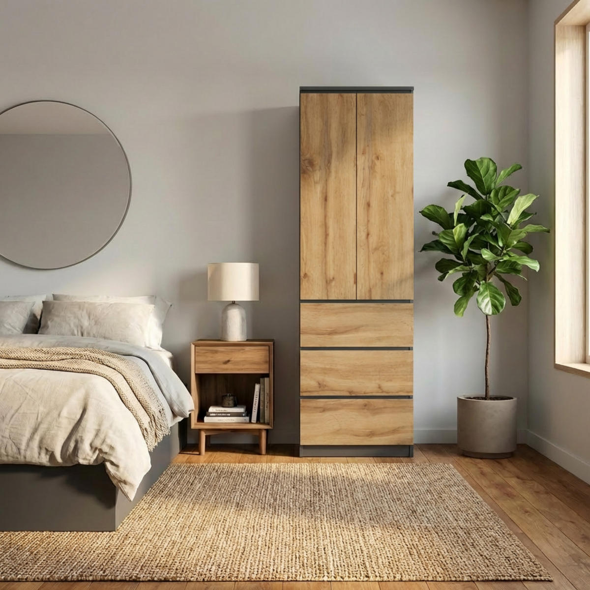 MEHRZWECKSCHRANK 2-türig mit 3 Einlegeböden & 3 Schubladen in Anthrazit-Eiche - Anthrazit, Holzwerkstoff (50/180.5/40cm) - Home Collective