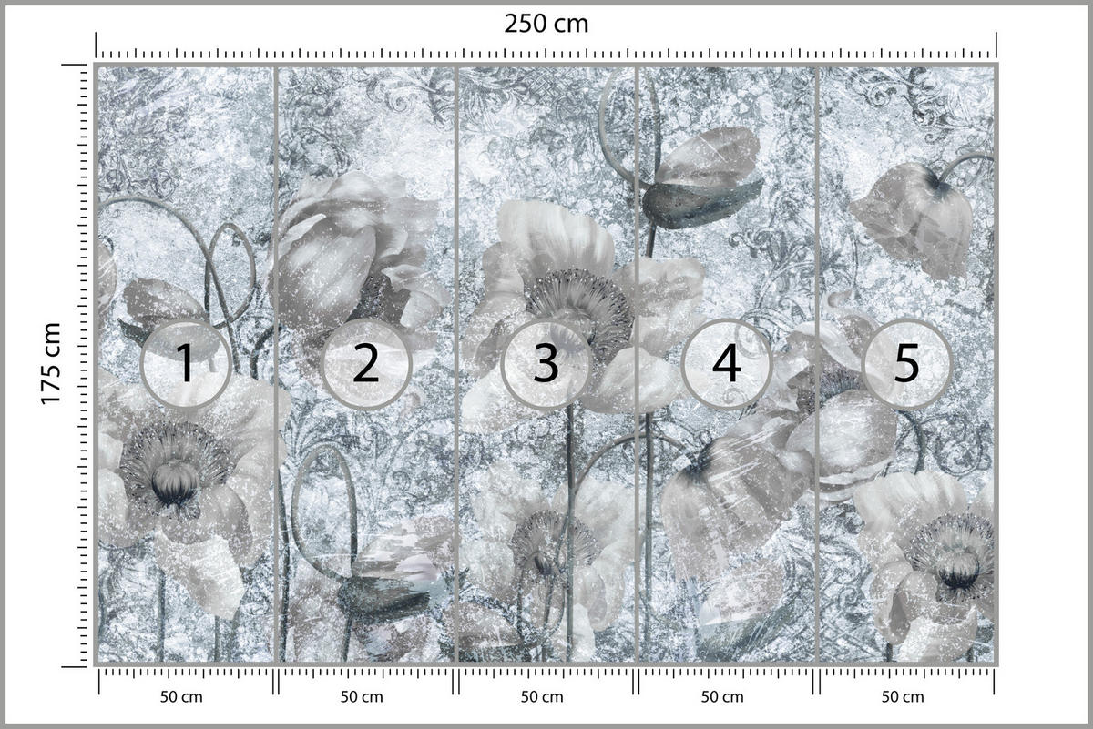 FOTOTAPETE für Wohnzimmer Grau Mohnblumen Beton Blumen Blätter 250x175 - Grau, Papier (250/175cm) - Muralo
