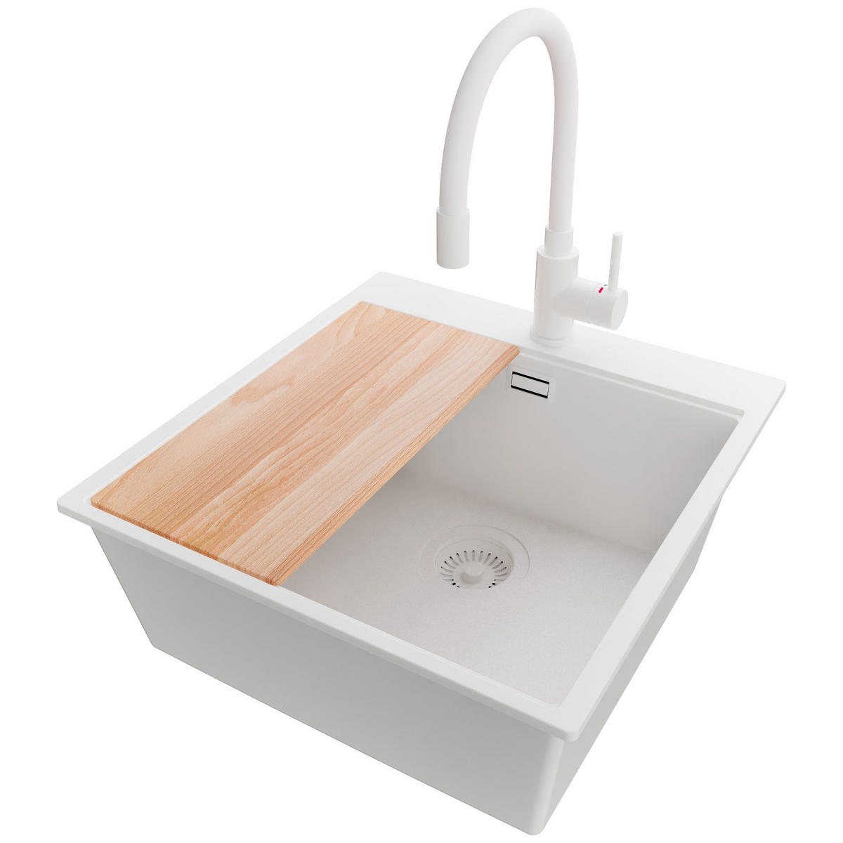 GRANITSPÜLE Oslo, 2-er set Alles Weiß 48/50 cm 1 Becken + Küchenarmatur 38/14 cm + Ablauf-Set + Schneidebrett ab 50er Unterschrank - Beige/Weiß, Kunststoff (48/20/50cm) - Primagran