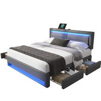 POLSTERBETT aus PU 140x190 cm Grau mit LED-Beleuchtung, USB- und kabelloser Ladefunktion, 4 Schubladen - Grau, Kunststoff (140/190cm) - IVMEU