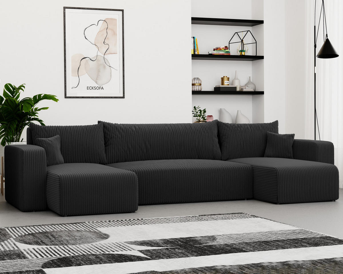 WOHNLANDSCHAFT mit Schlaffunktion und Bettkasten, Schwarz - Schwarz, Holzwerkstoff/Textil (318/79/145cm) - Idohome