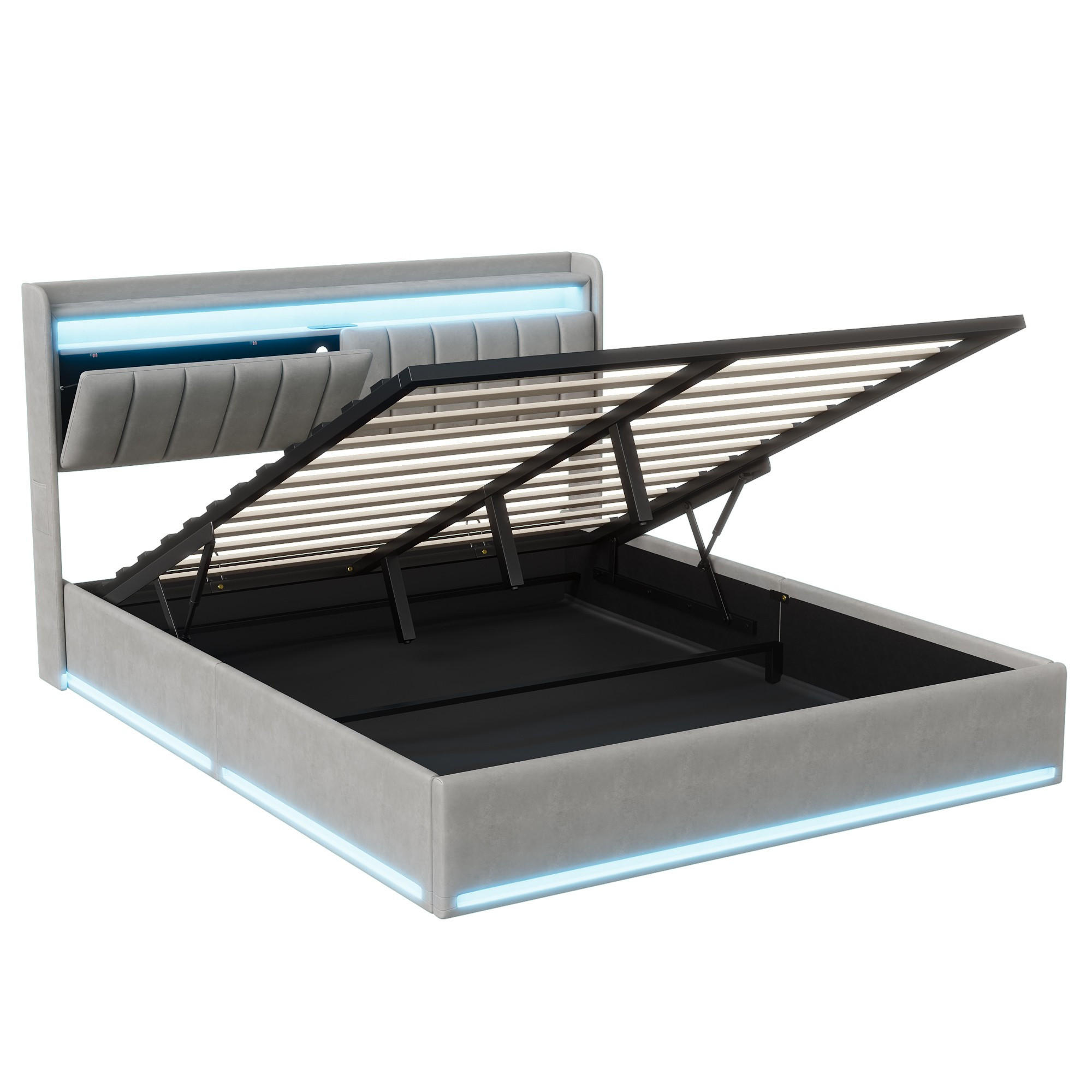 POLSTERBETT 140x200 cm Luna Comfort mit Hydraulik-Stauraum, LED-Beleuchtung und Stauraum-Kopfteil, Samt Grau - Grau, Textil (140/200cm) - DELFA