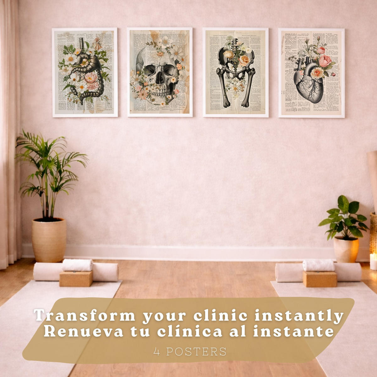 POSTER Set aus 4 Anatomie Mensch Botanische Drucke und mit Organen Herz Verdauungssystem Schädel und Becken Heimdekoration Größe Weißer Rahmen A3 - Weiß, Papier (29.7/42/3cm) - Nacnic