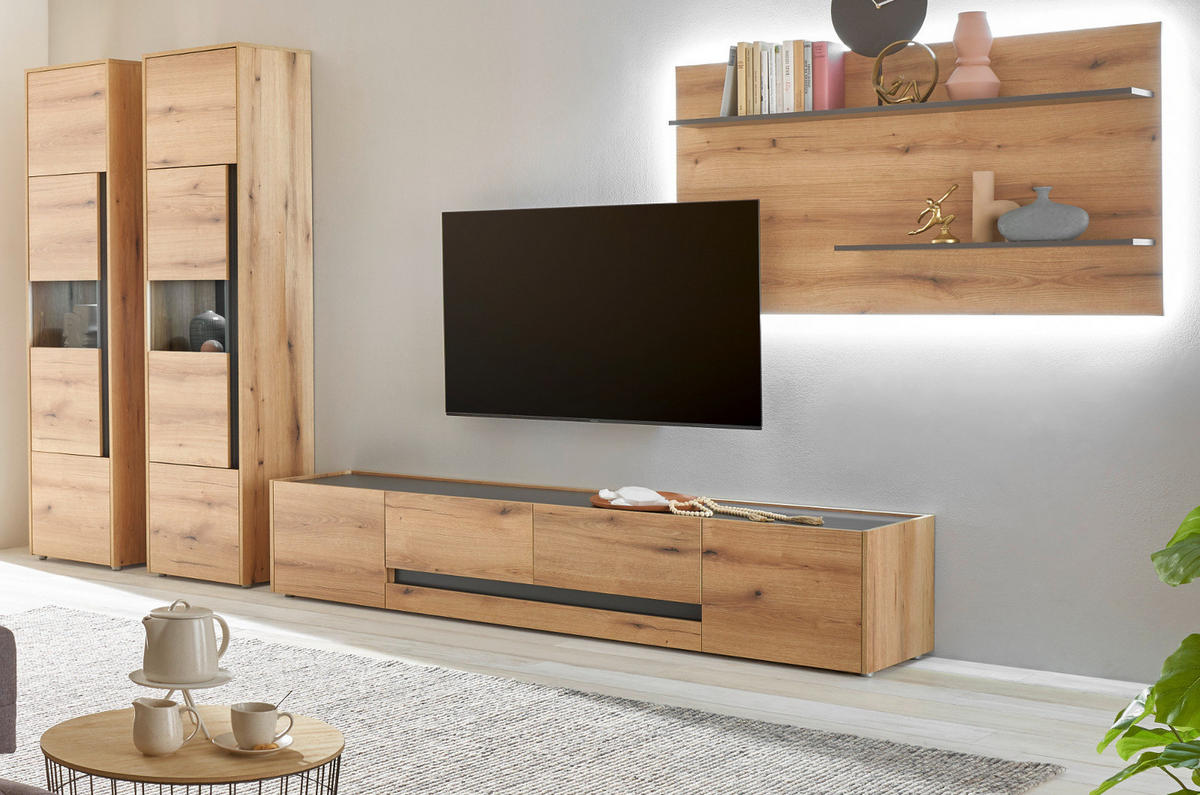 WOHNWAND Evoke Eiche, grau, Wohnkombination Set 4-teilig mit XL-TV-Schrank 400 cm - Eichefarben/Grau, Glas/Holz (400/197/45cm) - Furn.Design