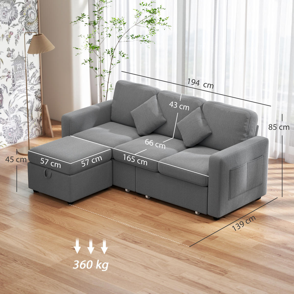 SOFA, 3-Sitzer, modular, Stauraumhocker, Cord, hellgrau, 196x139x85cm - Multicolor, Holzwerkstoff (194/85/139cm) - FORIOUS