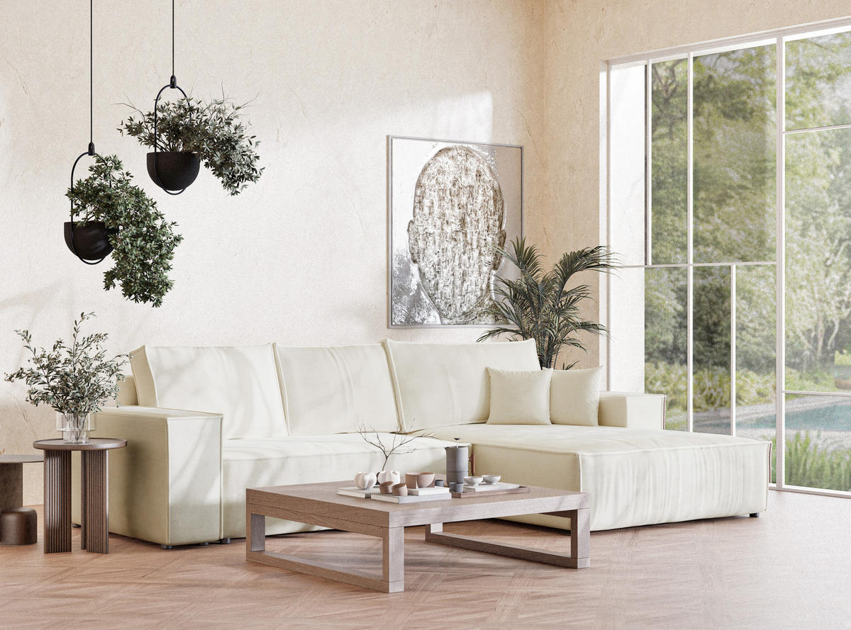 ECKSOFA Maze Creme Chenille-Stoff - Rechts Seite - Creme/Schwarz, Holz/Holzwerkstoff (294/185cm) - Maison de Reve