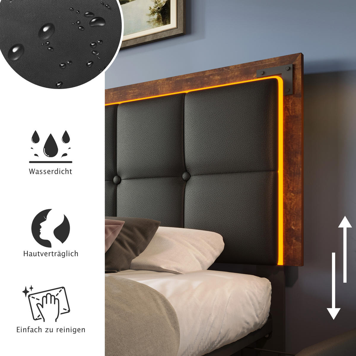 POLSTERBETT 160/200 cm in Schwarz mit LED und 4 Schubladen - Schwarz, Holzwerkstoff/Textil (160/200cm) - WISHDOR
