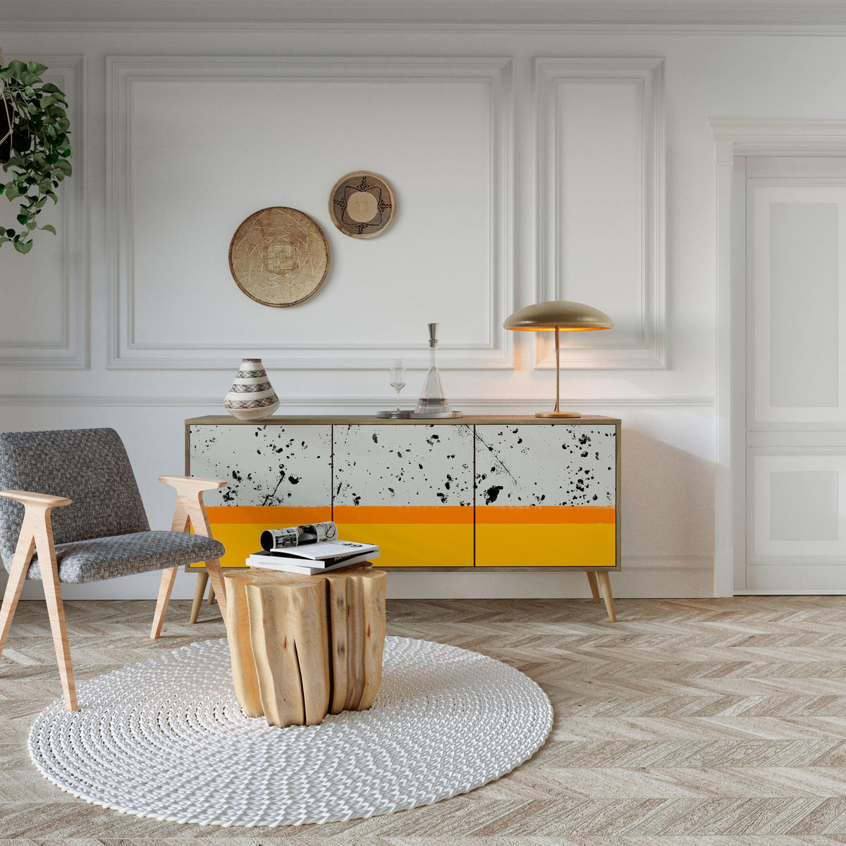 SIDEBOARD DYED BY ORANGE, Eicheneffekt, 164,5x42x77,5 cm, 3 Türen - Eichefarben/Buchefarben, Holzwerkstoff/Buchenholz (164.5/77.5/42cm) - SpaceRebels