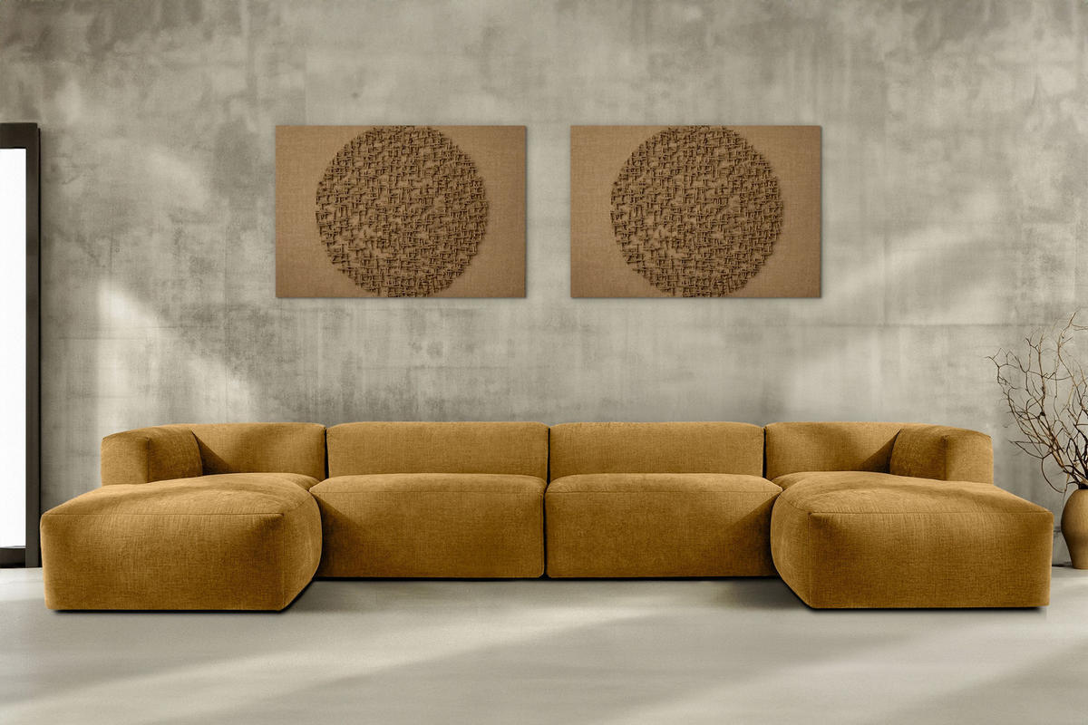 PANORAMA-ECKSOFA BUFFO 7/8 Sitzer mit extrem weicher Sitzfläche, Gewebestoff, Honig - Gelb, Textil (424/73/180cm) - KONSIMO®
