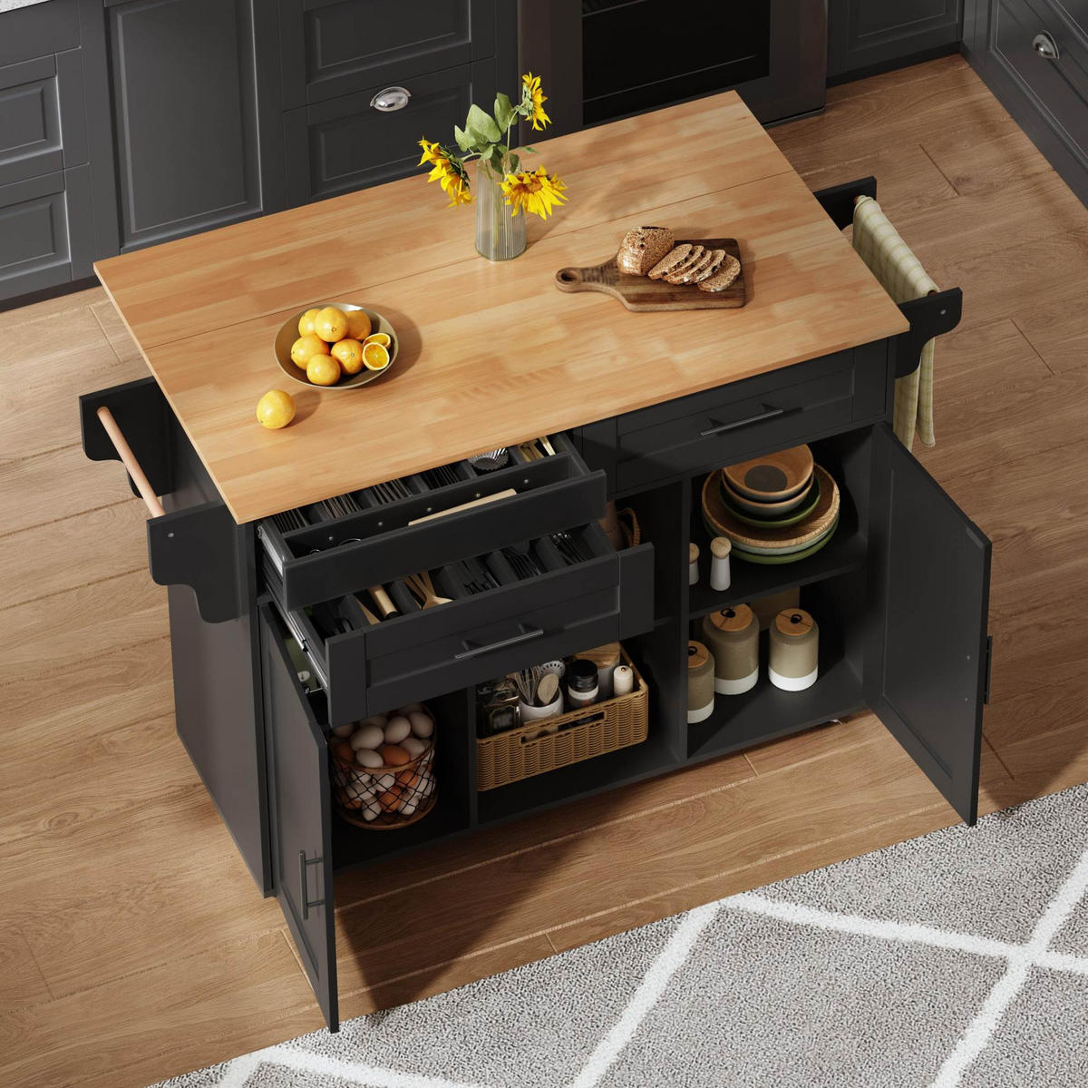 KÜCHENINSEL 145/70/94,5 cm mit ausziehbarer Arbeitsplatte, 2 Schubladen und 5 Rollen, Schwarz - Schwarz, Holzwerkstoff (145/94.5/70cm) - Redom