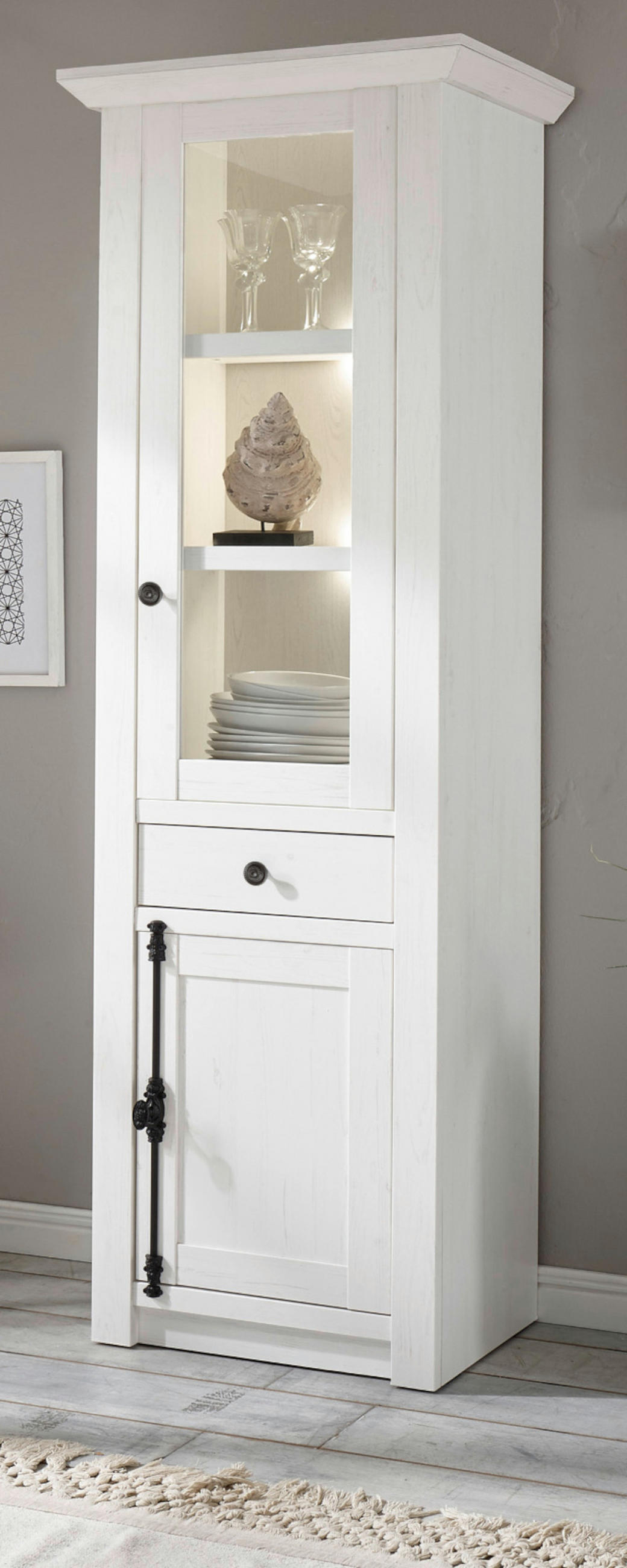 VITRINE Pinie weiß 63 cm, Vitrinenschrank im Landhaus-Stil - Schwarz/Weiß, Glas/Holzwerkstoff (63/207/45cm) - Furn.Design