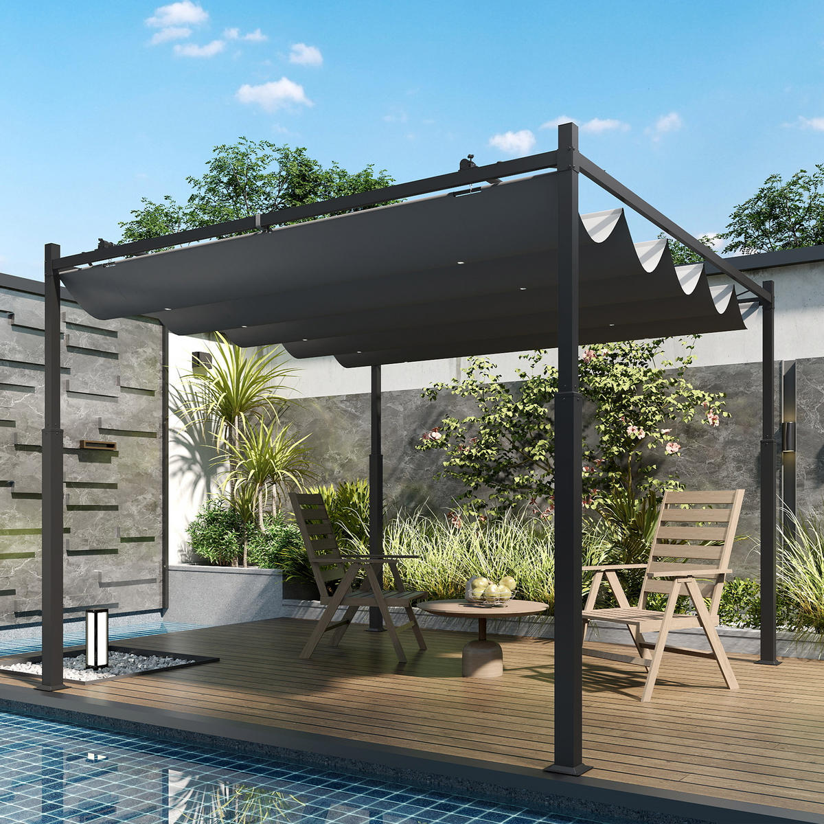 PERGOLA ca. 3x3 m Freistehend Terrassenüberdachung mit Schiebedach, magnetisches Pad, 8 cm Säule UV-beständig - Grau, Metall (298/230/298cm)