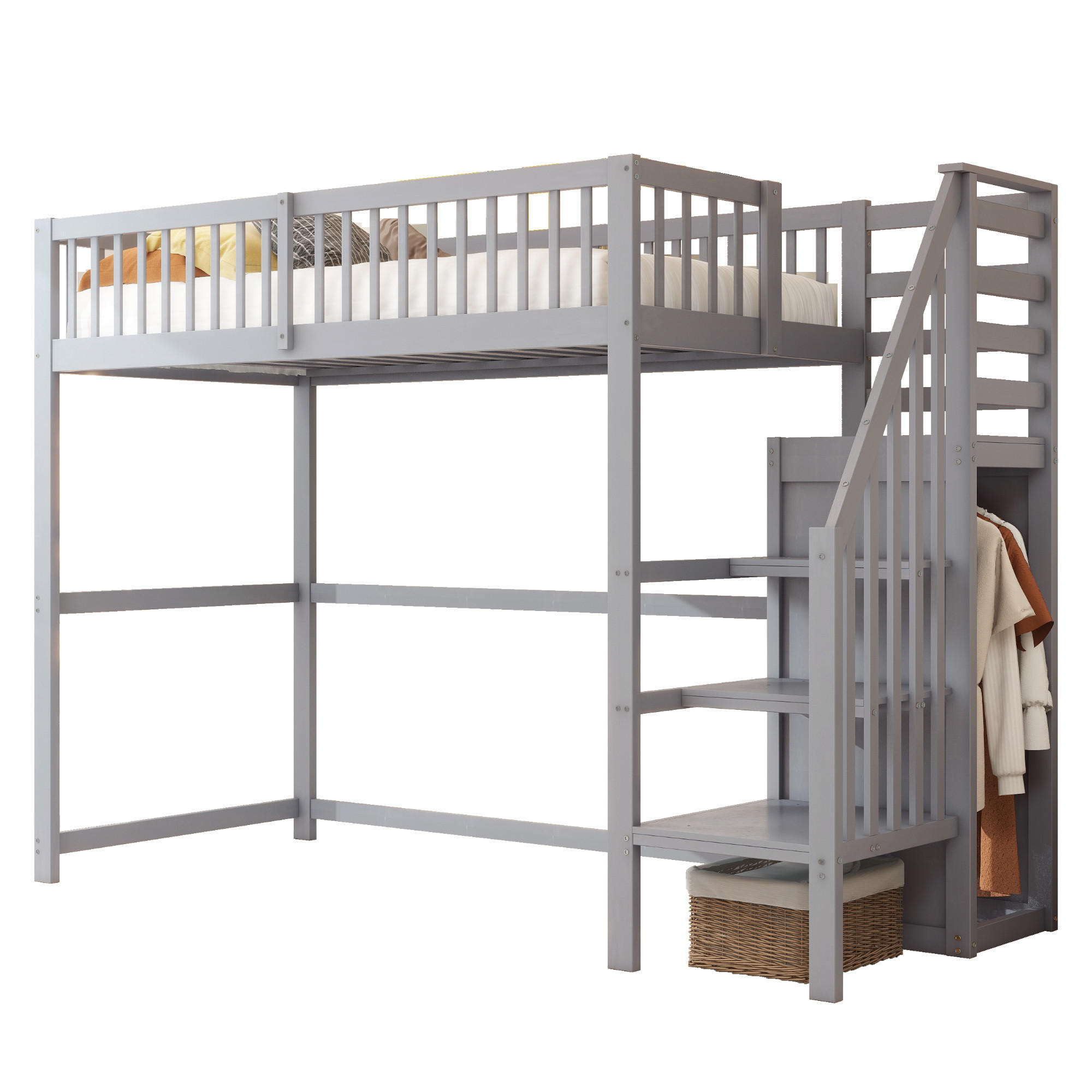 KINDERBETT aus Holz 90x200 cm in Grau mit Treppe & Kleiderschrank - Grau, Holz (90/200cm) - Modfu