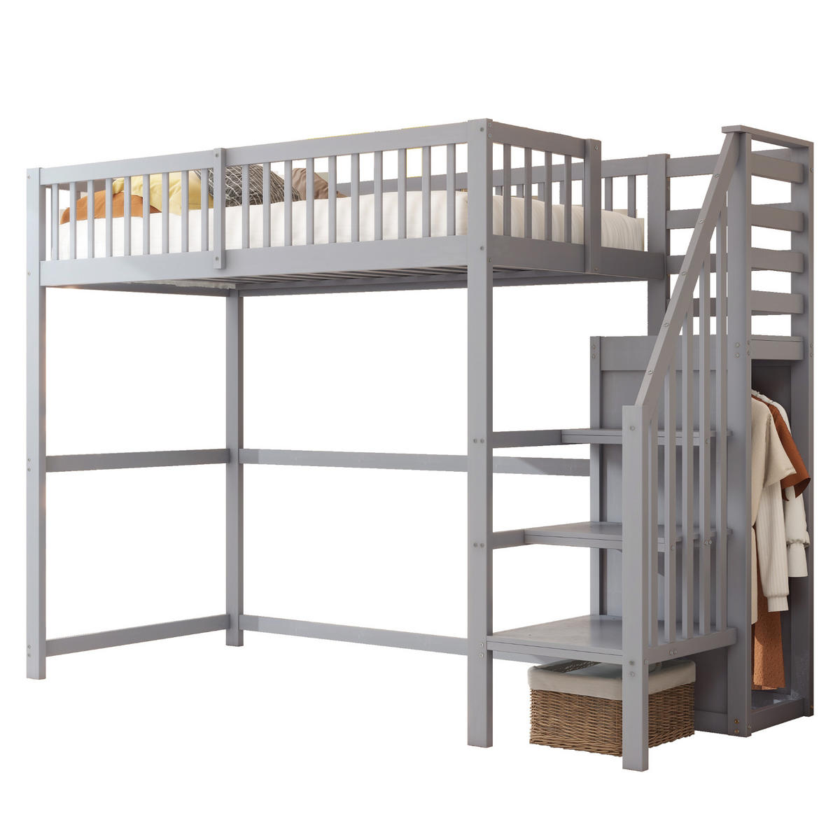 KINDERBETT aus Holz 90x200 cm in Grau mit Treppe & Kleiderschrank - Grau, Holz (90/200cm) - Modfu