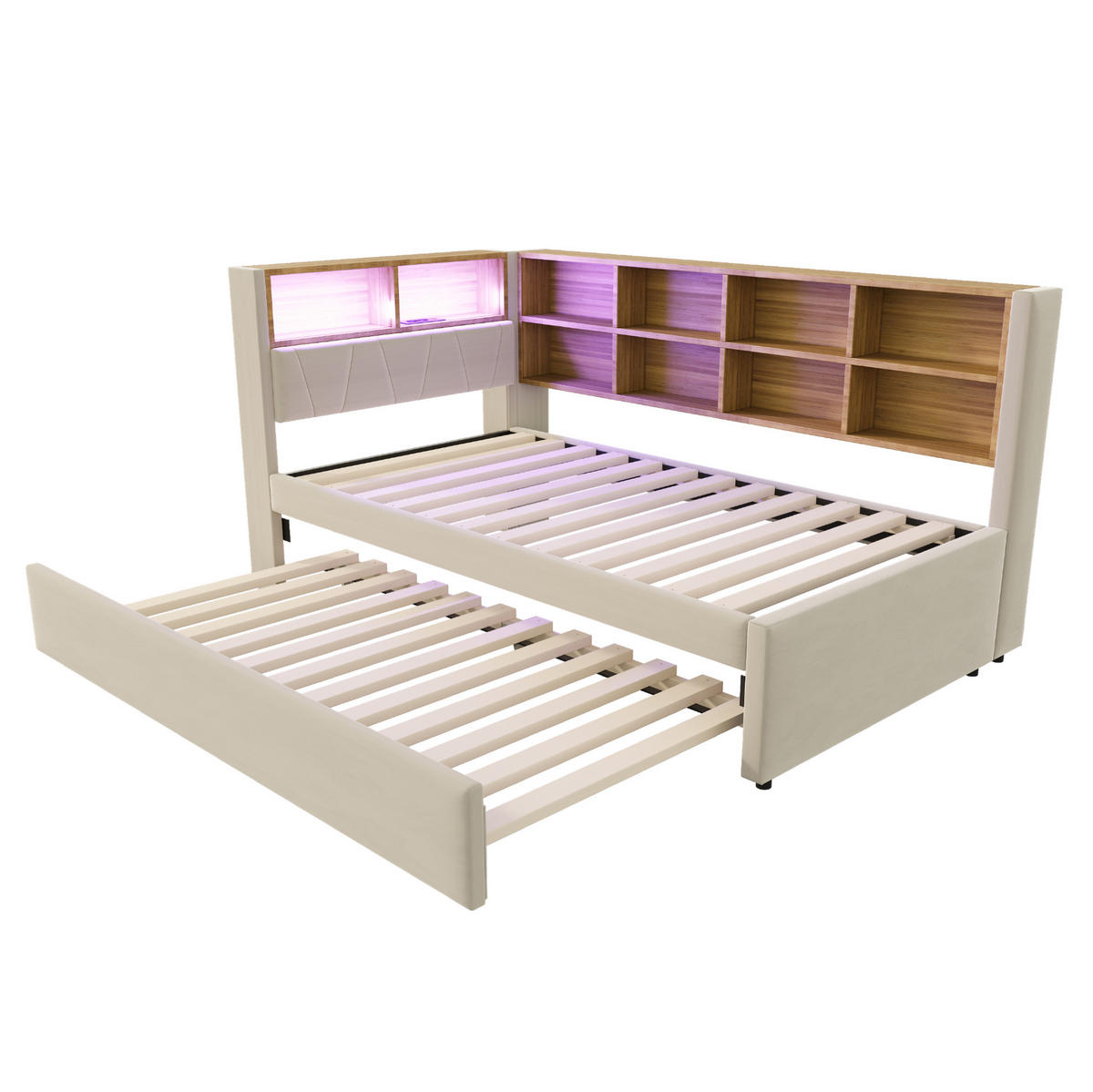AUSZIEHBETT 90/200 cm in Beige mit LED-Beleuchtung und Stauraum - Beige, Textil (90/200cm) - Flora Grace