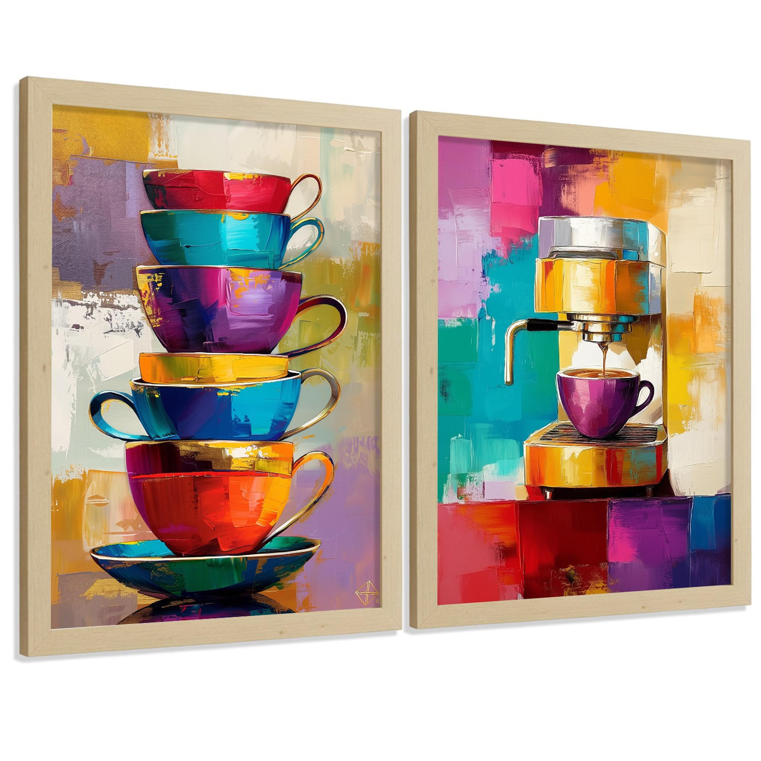 POSTER 2er Set Küchen-Wandbilder Kaffeetassen und Espressomaschine Pop Art Bunt Esszimmer Wanddeko Rahmenlos A4 - Beige, Papier (29.7/1/21cm) - Nacnic