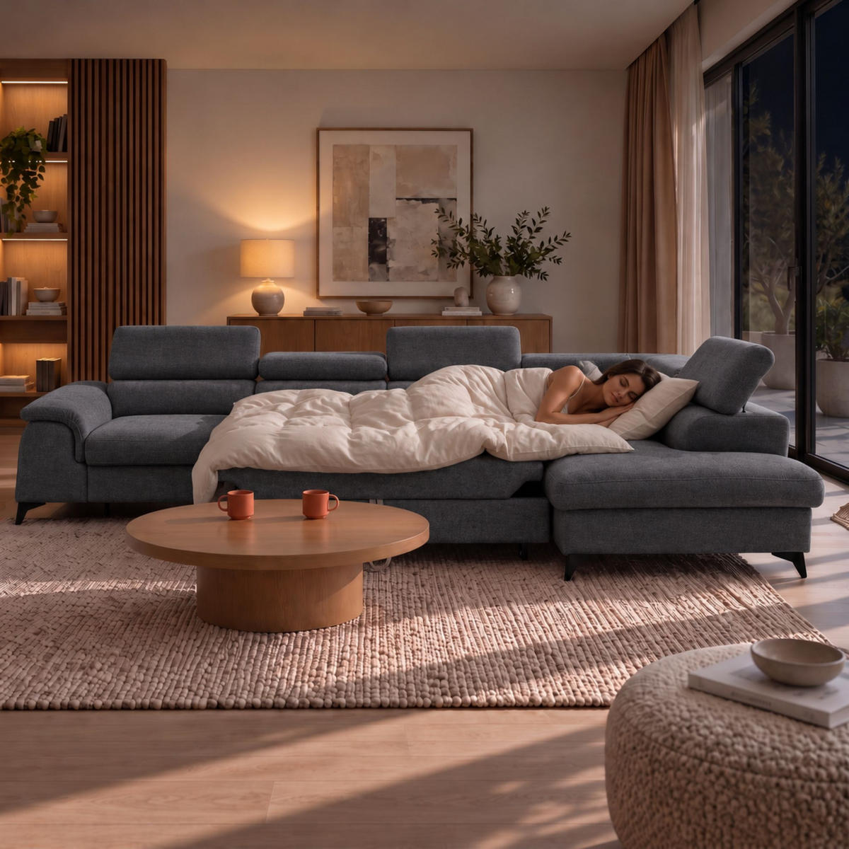 ECKSOFA PLAZA MAXI Rechts mit Schlaffunktion 127x195 Velours Dunkelgrau - Dunkelgrau/Schwarz, Holz/Textil (203/350cm) - Muffo