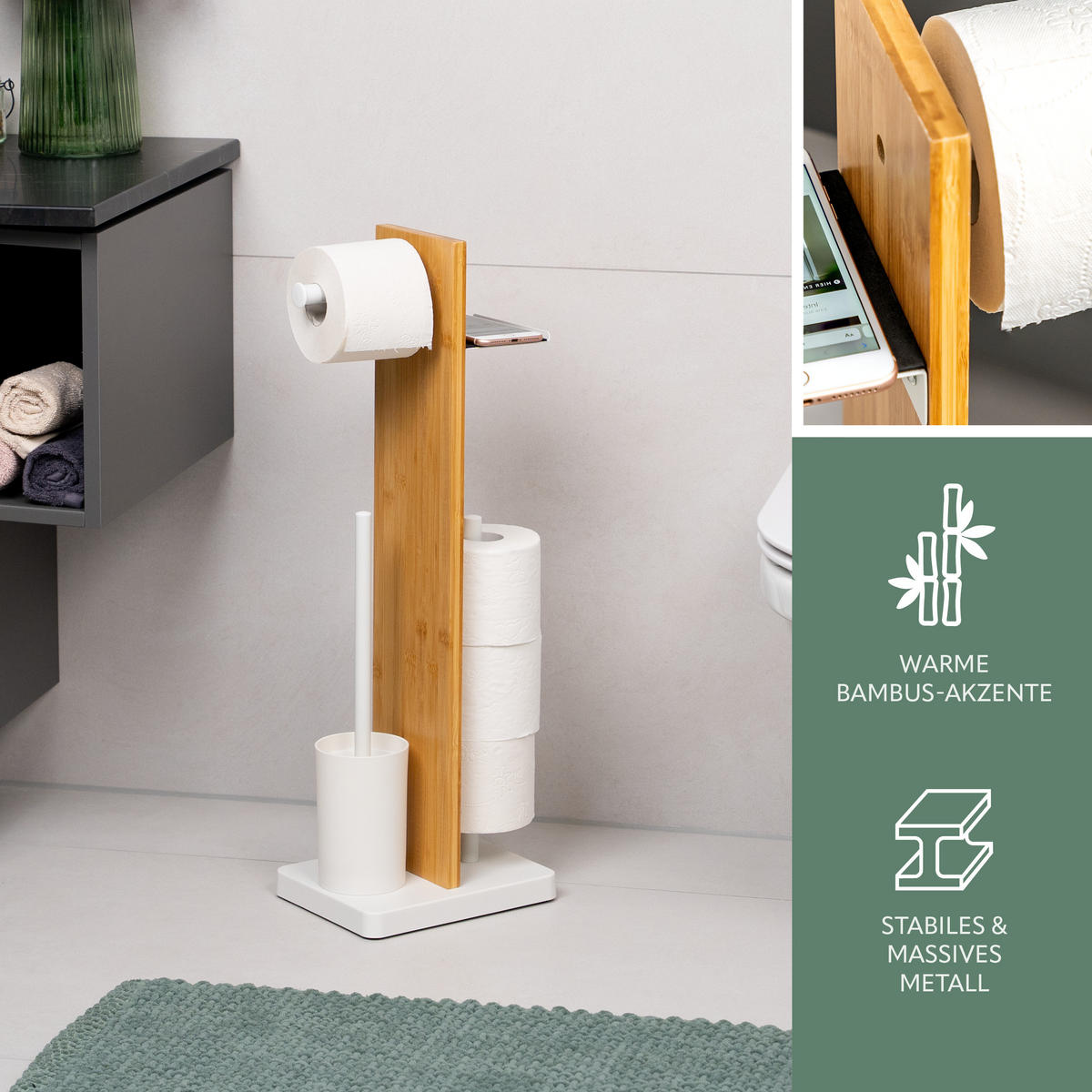 STAND-WC-GARNITUR 4in1, Bambus/Metall weiß - Weiß, Holz (23/68/18cm) - eluno