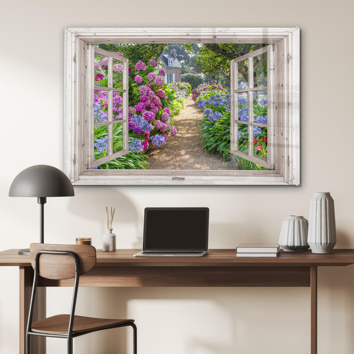 ACRYLGLASBILD Hortensie - Fensterblick - Blumen - Sommer - Lila - Weg 90x60 cm - Lila, Glas (90/60cm) - MuchoWow