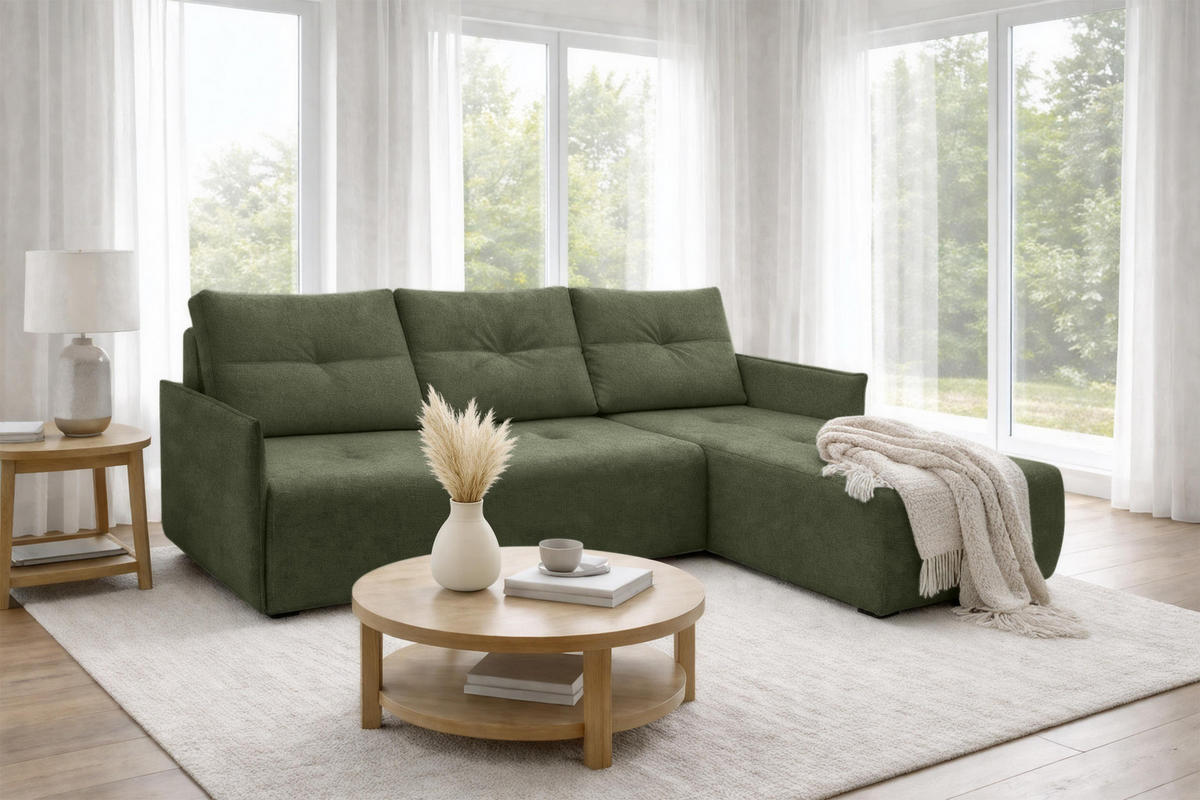 ECKSOFA L Form Damascus Grün 212/143/88 cm Rechts mit Schlaffunktion - Schwarz/Grün, Kunststoff/Textil (212/143cm) - AX Living