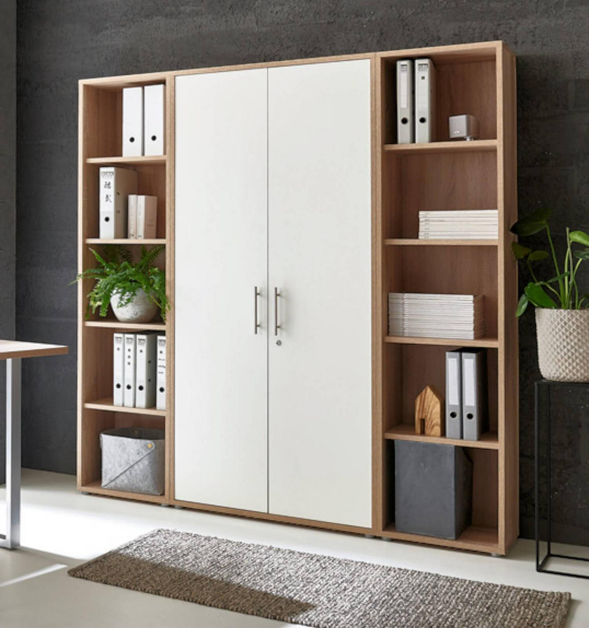 BÜROMÖBELSET 3-tlg. Sonoma Eiche / weiß matt - Eichefarben/Silberfarben, Holz/Metall (172/185/33cm)