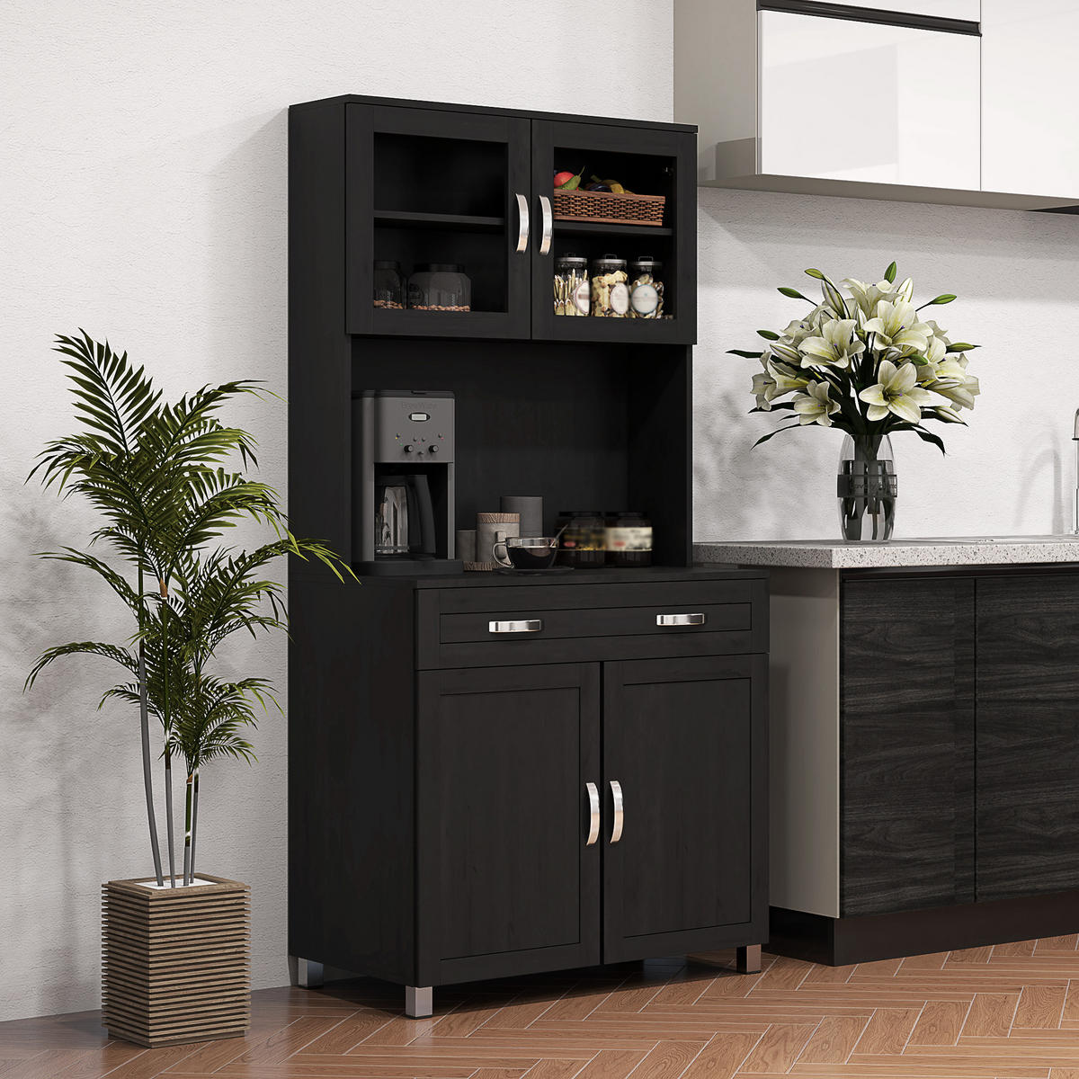BUFFET DE-11309 4 Türen & Schublade mit Arbeitsplatte Schwarz - Schwarz, Holzwerkstoff (121.92/431.8/203.2cm) - ComfortXL