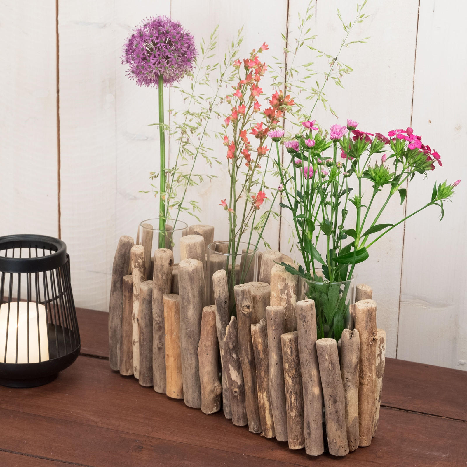 VASE Yela 35x18x11 cm, Treibholz, 3 Gläser naturfarben - Naturfarben, Holz (18cm) - CREEDWOOD