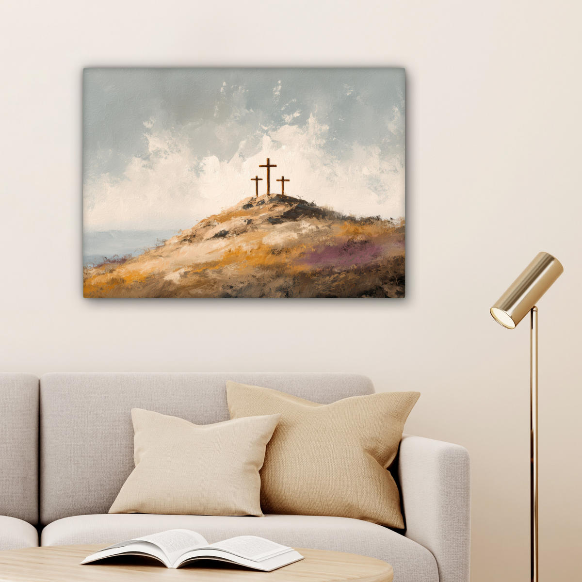 LEINWANDBILD Hügel - Abstrakt - Christentum - Kreuz Wandbilder 80x60 cm - Hellgrau, Textil (80/60cm) - MuchoWow