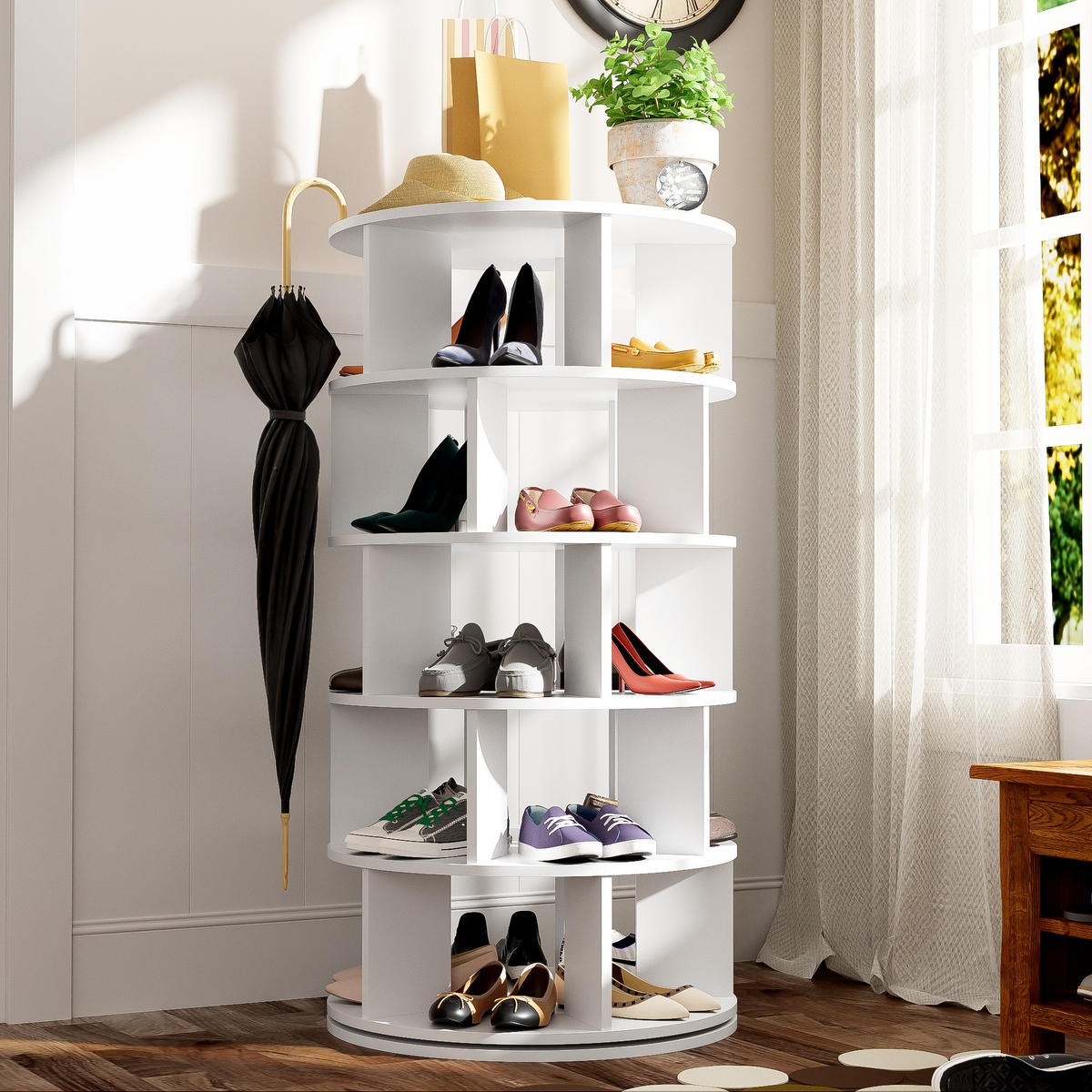 SCHUHREGAL drehbar Weiß rund 5 Ebenen 115cm modern - Weiß, Holzwerkstoff (60/115/60cm) - FLIEKS