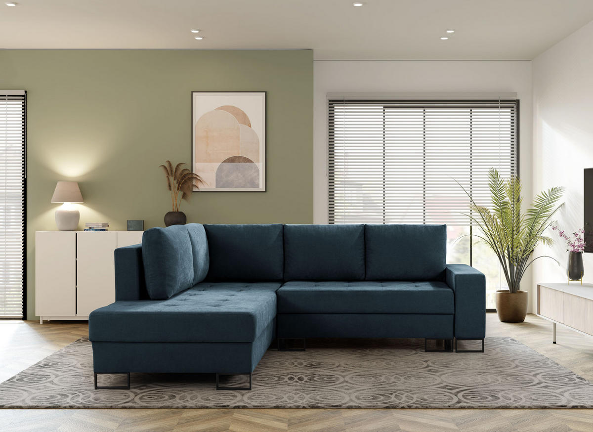 ECKSOFA mit Schlaffunktion Links Dunkelblau Chenille - 245x200 cm - Trevi - Schwarz/Dunkelblau, Holz/Holzwerkstoff (245/200cm) - Ravio