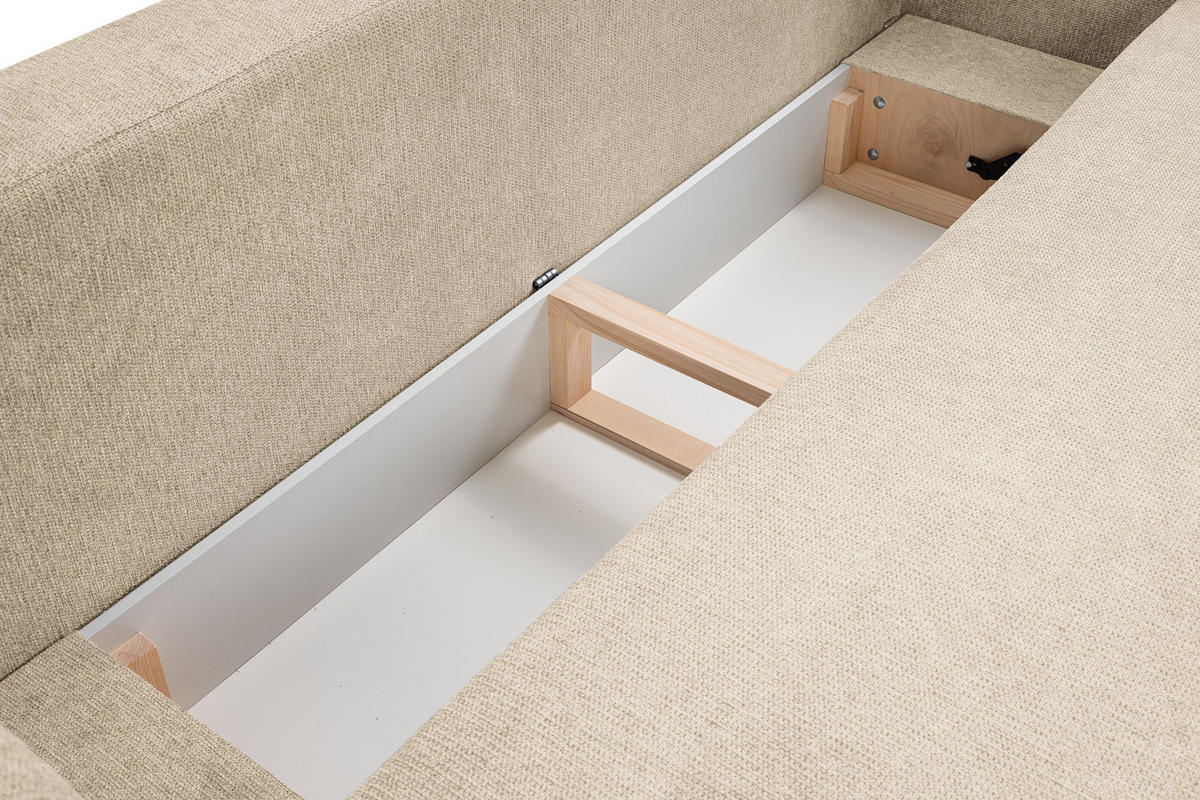 BETTSOFA AMICO Creme Geflochtener Stoff mit Schlaffunktion - Creme, Holz (238/86.5/101cm) - MASSENO