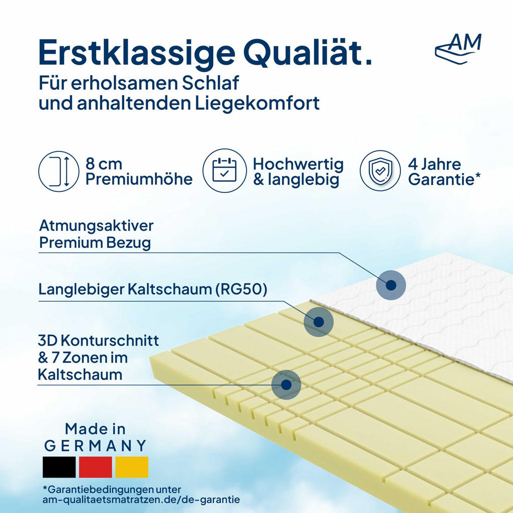 Thumbnail - AM Qualitätsmatratzen Kaltschaum, Weiß, Textil, Uni, Füllung: Kaltschaum, Rechteckig, 180x190 cm, Oeko-Tex® Standard 100...